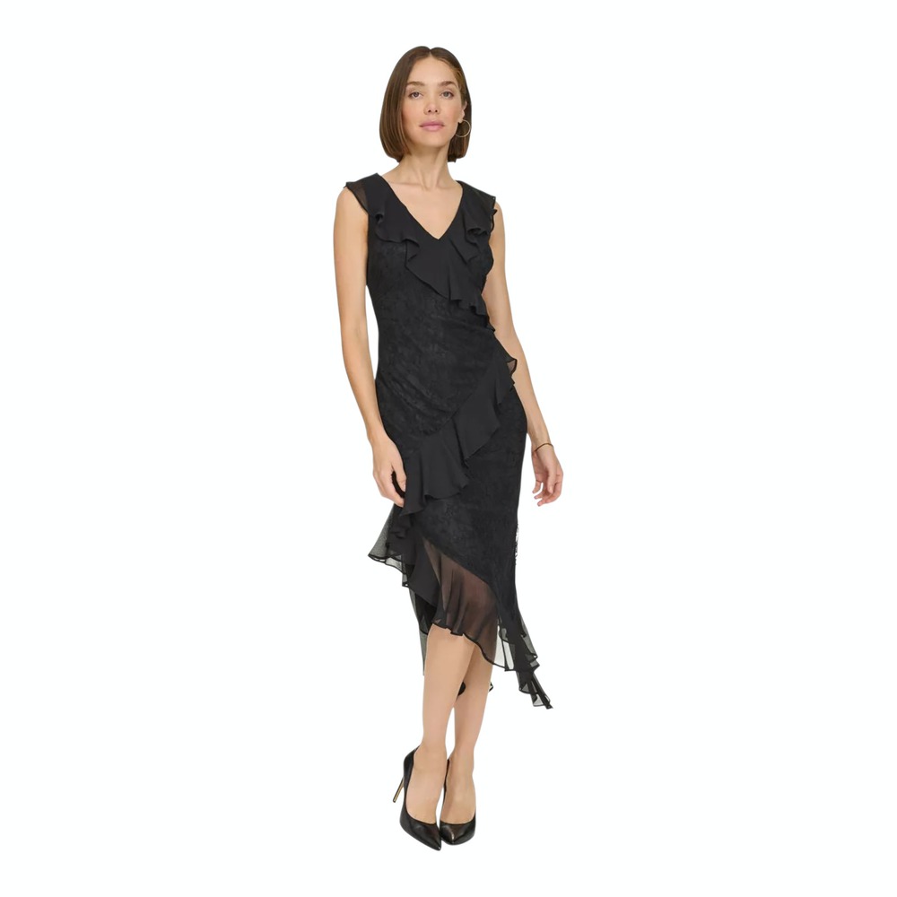 Tommy Hilfiger Women's Black Lace Chiffon Ruffled Asymmetric Midi Dress Size 12